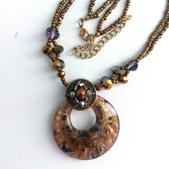 Boho Artisan Glass Pendant Necklace Bronze Beaded Statement Jewelry Maximalism - Picture 7 of 11